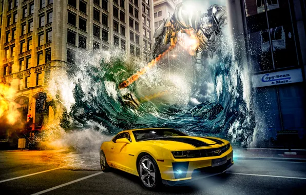 Картинка машина, вода, город, робот, Chevrolet, Camaro, transformers