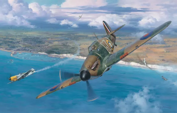 Картинка war, aviation, Hawker Hurricane, ww2, battle of britain, painting art, Junkers Ju 87, Messerschmitt Bf …