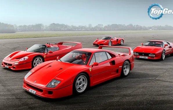 Картинка Top Gear, Ferrari, Red, F40, Sky, Grass, Enzo, Front, Supercars, Track, Italian, F50, 288 GTO