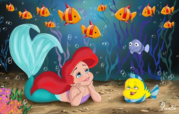 Картинка море, рыбки, водоросли, детство, мультфильм, русалка, сказка, прелесть, принцесса, ребёнок, sea, Ariel, Ариэль, movie, фанарт, …