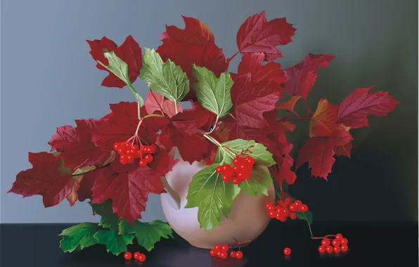Картинка осень, листья, ягоды, ваза, натюрморт, калина, багрянец