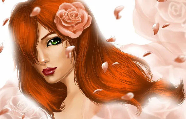 Картинка девушка, цветы, розы, лепестки, арт, рыжая