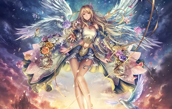 Картинка девушка, цветы, фантастика, ангел, аниме, art, Anbe Yoshirou, Yoshiro Ambe