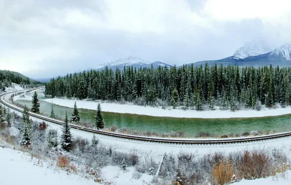 Картинка зима, лес, снег, деревья, горы, Канада, панорама, железная дорога, речка, Банф