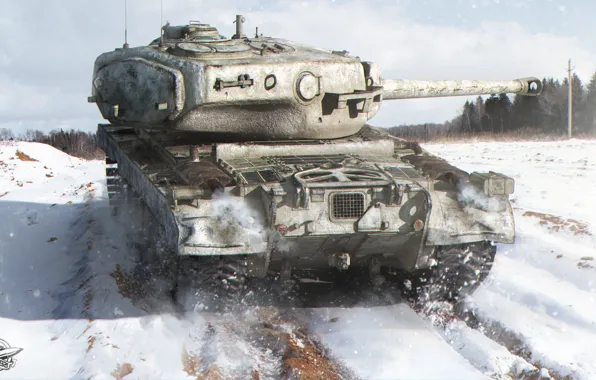Картинка зима, поле, лес, снег, танк, американский, тяжелый, World of Tanks, Т34