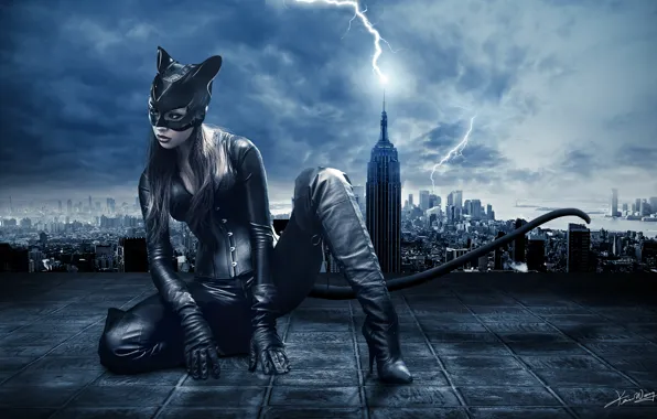 Картинка девушка, ночь, город, молния, маска, костюм, хвост, уши, женщина-кошка, Catwoman