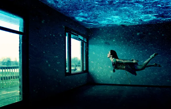 Картинка девушка, комната, окна, Под водой