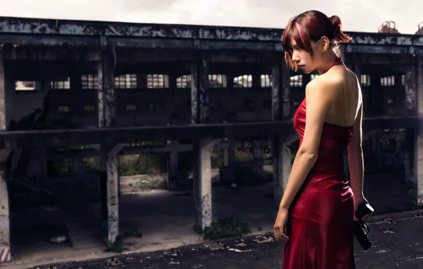 Картинка девушка, пистолет, платье, в красном, Resident Evil