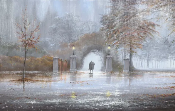 Картинка осень, парк, дождь, картина, фонари, арка, двое, Jeff Rowland