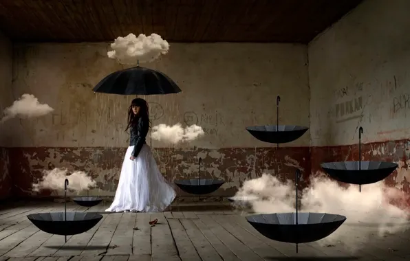 Картинка девушка, облака, фантазия, комната, арт, зонты