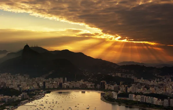 Картинка небо, облака, закат, океан, лодки, Бразилия, небоскрёбы, Рио-де-Жанейро