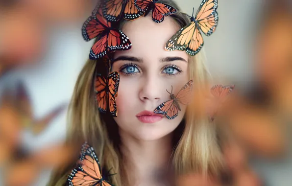Картинка взгляд, девушка, бабочки, настроение, ситуация, голубые глаза, боке