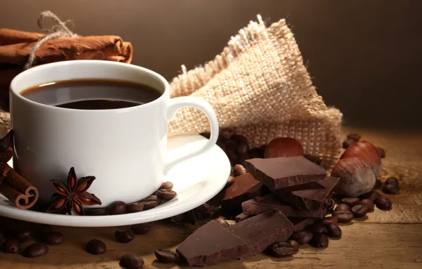 Картинка кофе, шоколад, зерна, чашка, орехи, корица, coffee, пряности, анис