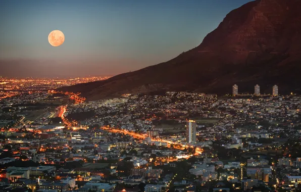 Картинка небо, свет, огни, луна, вид, высота, гора, дома, небоскребы, панорама, сумерки, мегаполис, ЮАР, Cape Town, …