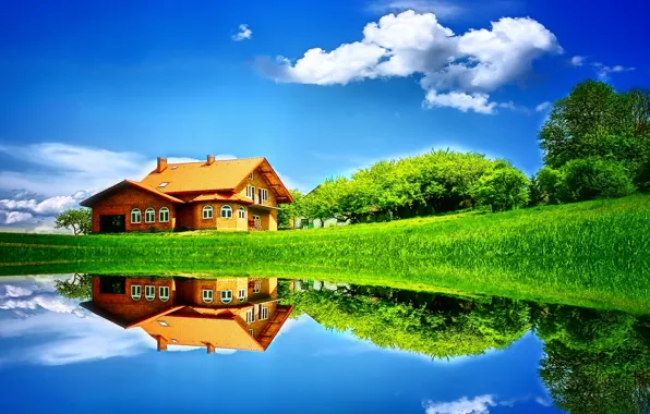 Картинка поле, лето, небо, трава, вода, облака, деревья, природа, озеро, дом, отражение, дерево, луг, домик, Пейзаж