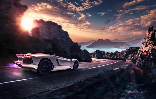 Картинка Lamborghini, Landscape, Sunset, LP700-4, Aventador, Pirelli, Supercar, Edition, Rear