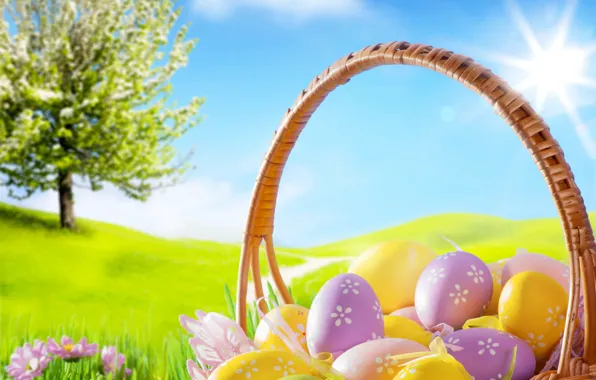 Картинка трава, цветы, ромашки, яйца, весна, пасха, grass, sunshine, flowers, spring, blue sky, eggs, easter, basket, …