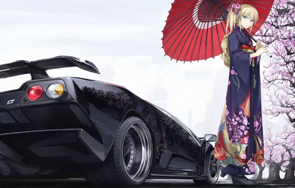 Картинка машина, девушка, сакура, Lamborhini Diablo GT