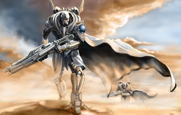 Картинка песок, небо, оружие, фантастика, пустыня, пыль, роботы, арт, art