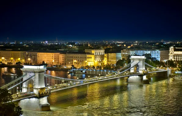 Картинка ночь, город, река, здания, дома, Венгрия, Будапешт, Дунай, Budapest, Цепной мост