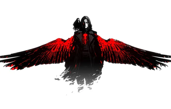 Картинка красный, фильм, черный, крылья, арт, белый фон, парень, ворон, The Crow, ArsenXC
