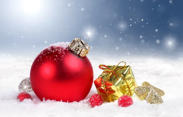 Картинка снег, украшения, шары, Новый Год, Рождество, Christmas, New Year, decoration