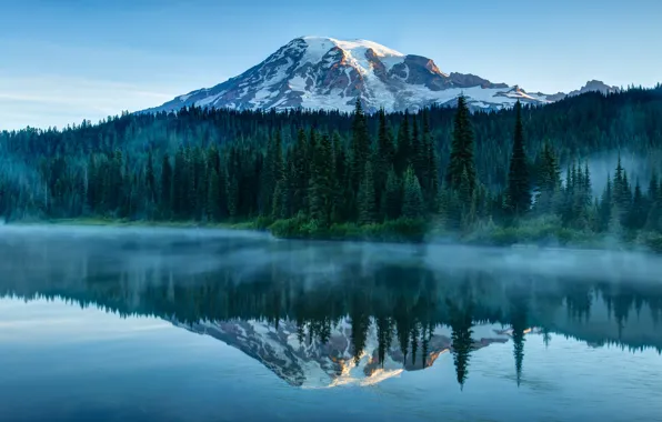 Картинка лес, небо, вода, деревья, природа, туман, гладь, отражение, река, голубое, гора, США, национальный парк, штат …