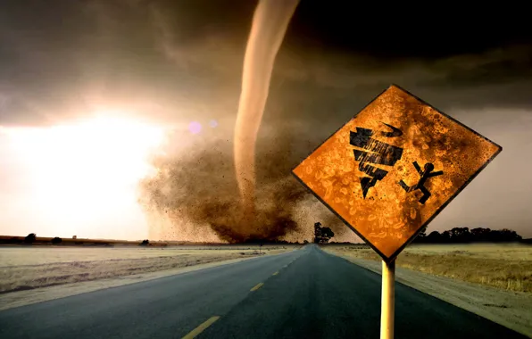 Картинка дорога, пасмурно, опасность, знак, предупреждение, трасса, буря, указатель, смерч, торнадо