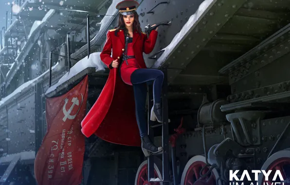 Картинка зима, девушка, снег, красное, рисунок, поезд, арт, в красном, фуражка, пальто, знамя, офицер, Nikita Bolyakov, …