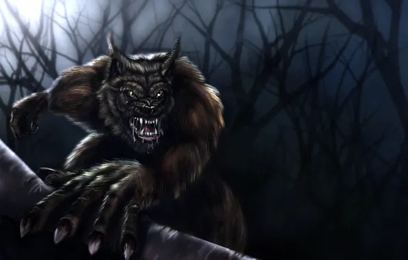 Картинка деревья, ночь, волк, оборотень, Werewolf, волкодав