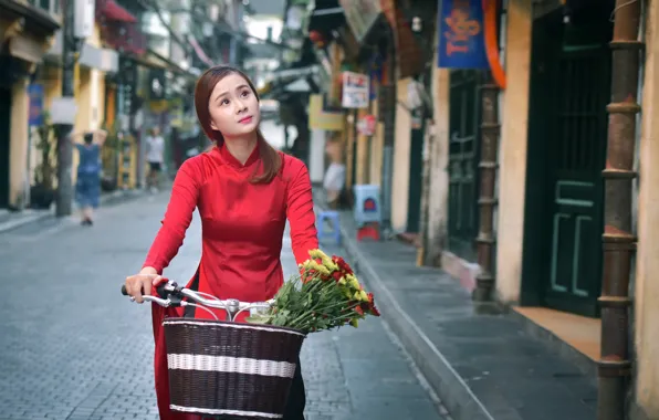 Картинка девушка, цветы, велосипед, лицо, улица, корзина, азиатка