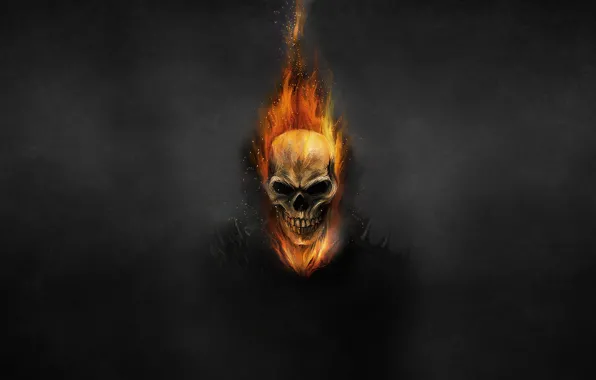 Картинка темный фон, огонь, череп, цепь, скелет, Ghost Rider, Призрачный гонщик