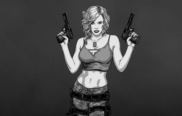 Картинка девушка, черно-белый, пистолеты, пушки, red alert