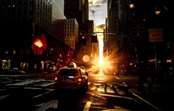 Картинка солнце, рассвет, улица, дома, Нью-Йорк, зарево, такси