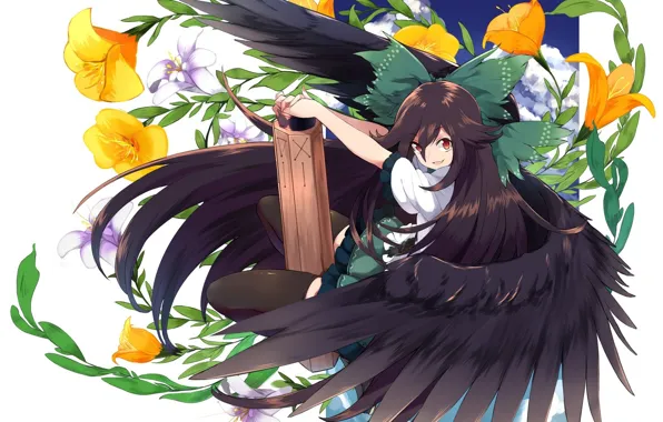 Картинка цветы, белый фон, длинные волосы, челка, Touhou, Reiuji Utsuho, черные крылья, Touhou Project, Проект Восток