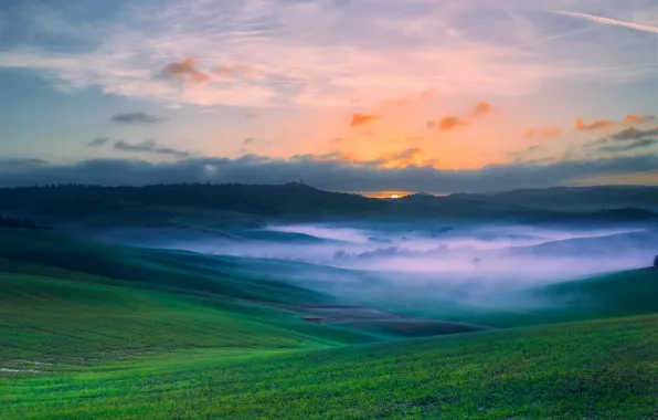 Картинка поле, туман, долина, Италия, Тоскана