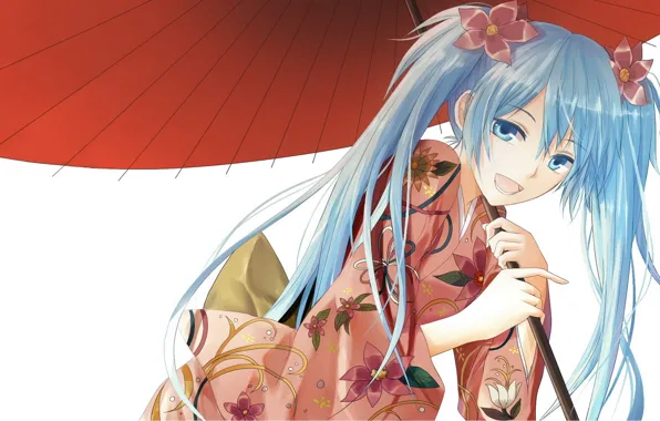 Картинка улыбка, белый фон, кимоно, vocaloid, Hatsune Miku, вокалоид, голубые волосы, красный зонт, цветок в волосах, …