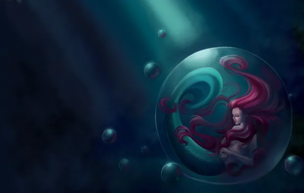 Картинка море, фантастика, русалка, арт, хвост, пузырь, плавник, красные волосы