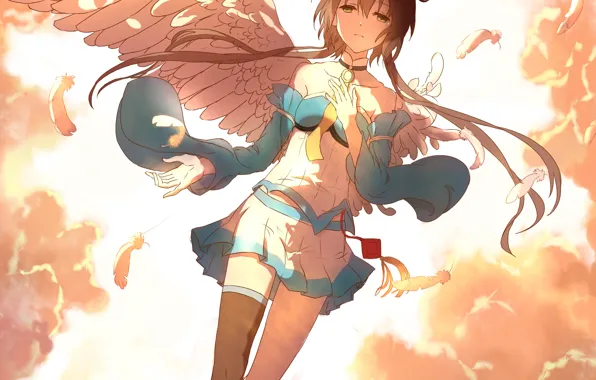 Картинка небо, девушка, облака, крылья, аниме, перья, арт, vocaloid, luo tianyi, lan jue