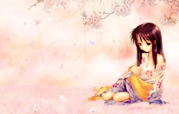 Картинка грусть, девушка, цветы, настроение, сакура, кимоно