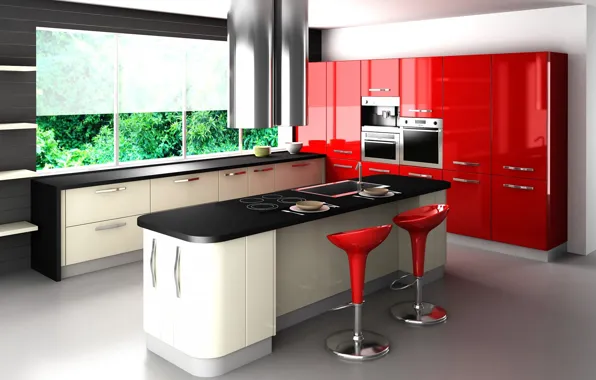 Картинка красный, стиль, стол, стулья, окно, кухня, гарнитур