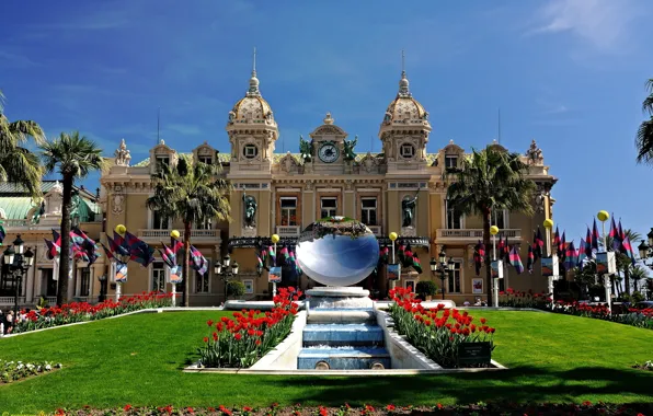 Картинка пальмы, маки, зеркало, фонтан, Monaco, казино, дворец, скульптуры, Monte-Carlo