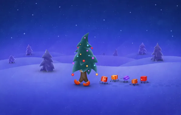 Картинка зима, снег, ночь, праздник, елка, подарки
