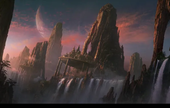 Картинка waterfall, planets, rocky mountains