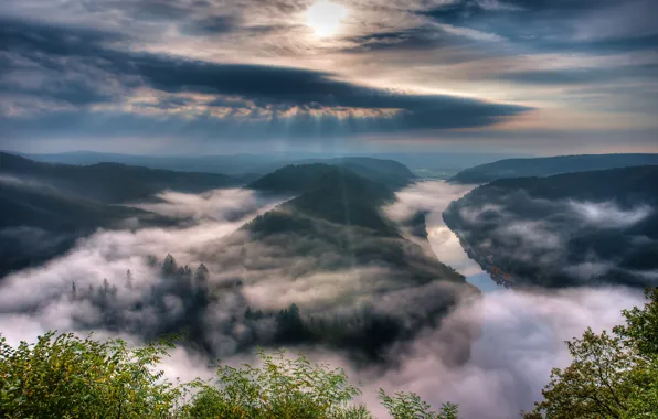 Картинка небо, туман, река, германия, Саар