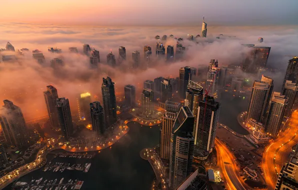 Картинка город, огни, туман, вечер, Дубай, ОАЭ