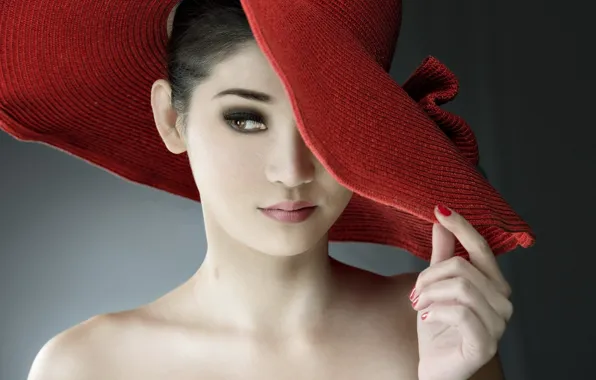 Картинка девушка, азиатка, красная шляпа