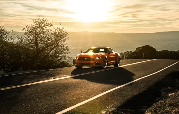 Картинка Mustang, Ford, Orange, Landscape, Sun, Sunset, California, Mountains, 2015, Aristo Collection