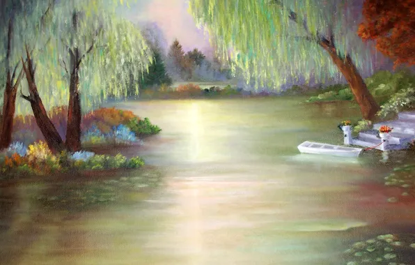 Картинка деревья, озеро, сияние, лодка, арт, boat, Lake, Jean Powers, dock