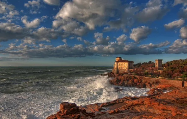 Картинка небо, облака, город, замок, побережье, HDR, Италия, Boccale Castle Livorno